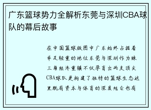 广东篮球势力全解析东莞与深圳CBA球队的幕后故事