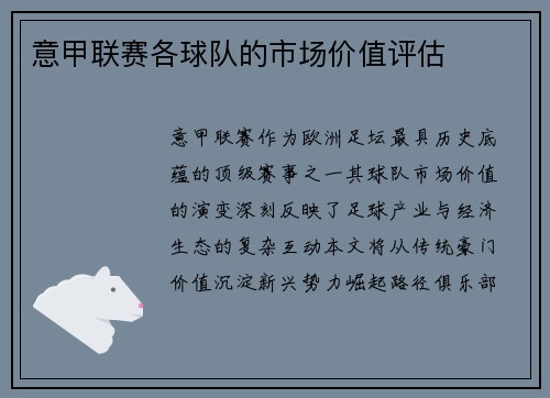 意甲联赛各球队的市场价值评估