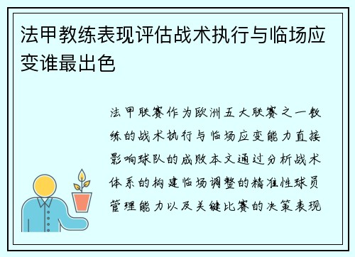 法甲教练表现评估战术执行与临场应变谁最出色