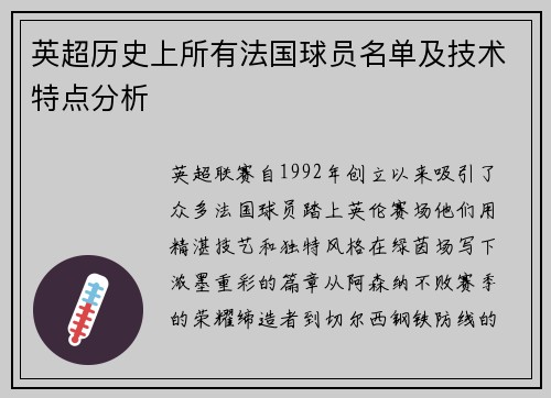 英超历史上所有法国球员名单及技术特点分析